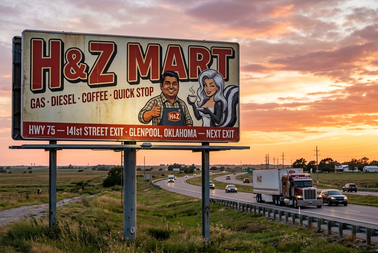 H&Z Mart Billboard · Hwy 75, 141st Street Exit — Glenpool, OK