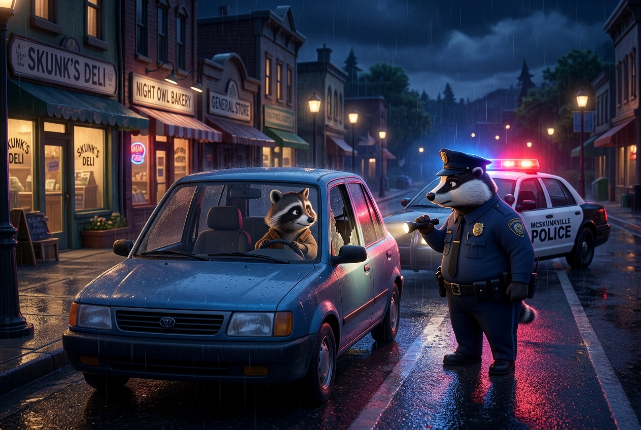 A calm traffic stop in McSkunkville — window cracked, hands on wheel