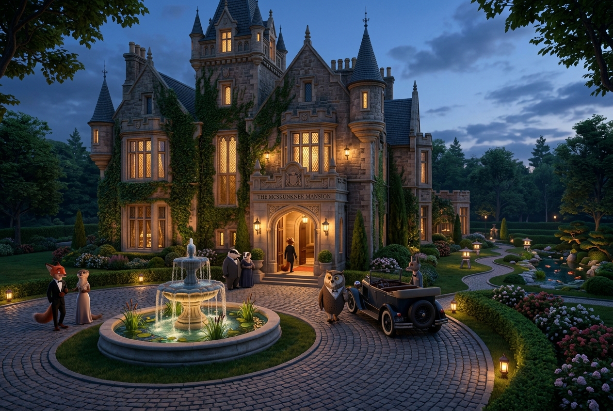 The McSkunkner Mansion at dusk