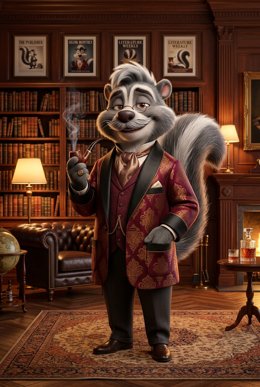 Hugh Le Pew McSkunkner in his library
