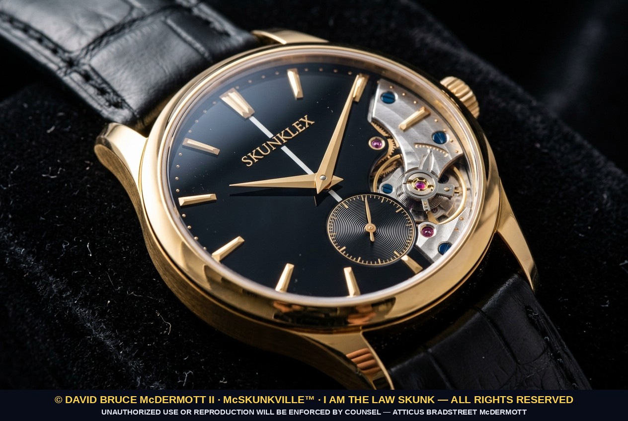 The Skunklex Classic — gold case, black dial, one white stripe