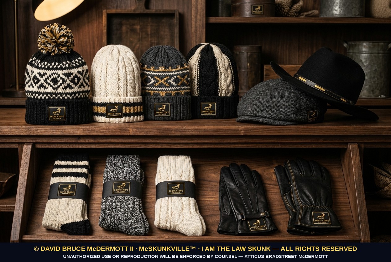 Skunk Provisions — hats, gloves, socks, no two hats alike