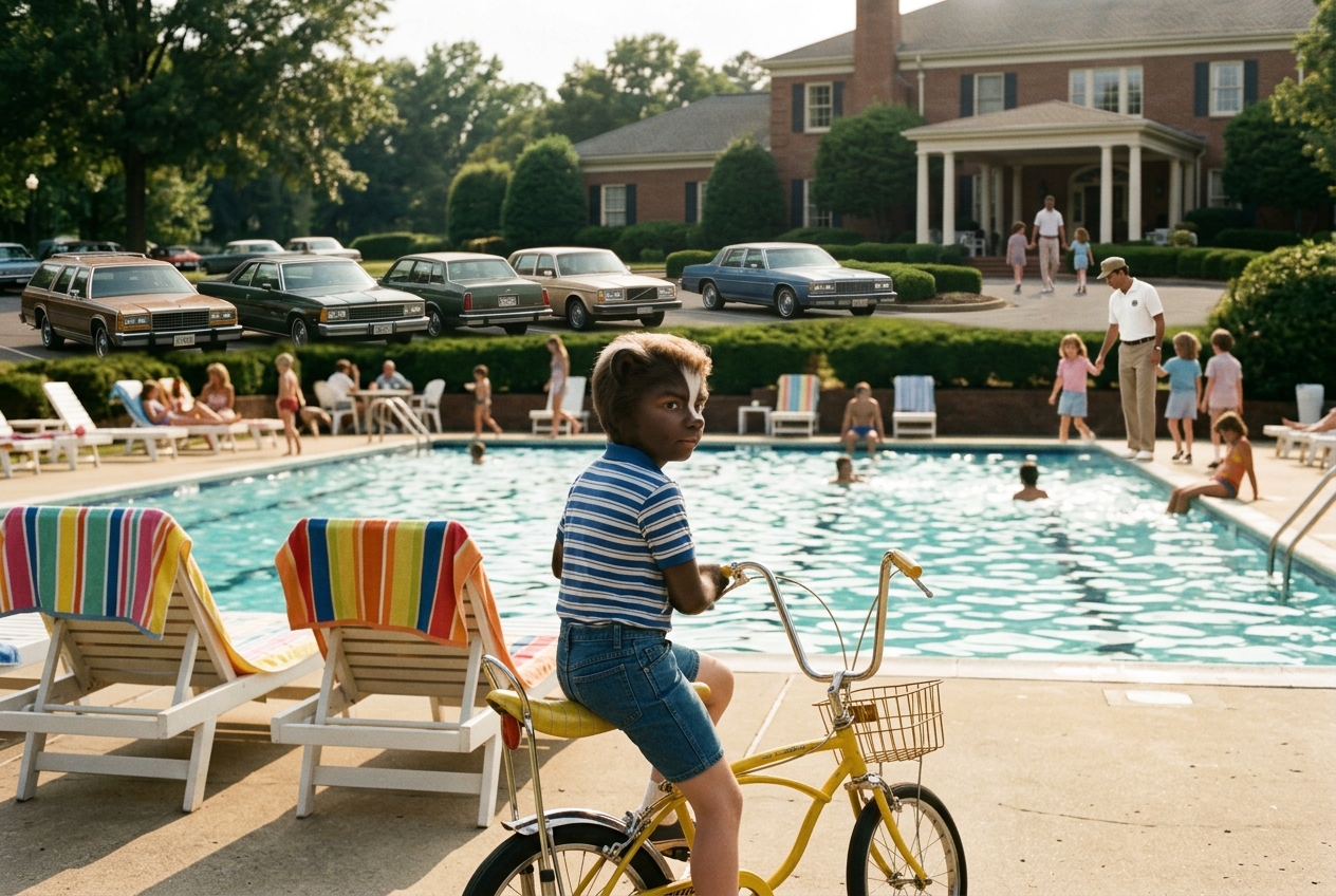 A boy on a bicycle by the club pool, 1981 — dramatization