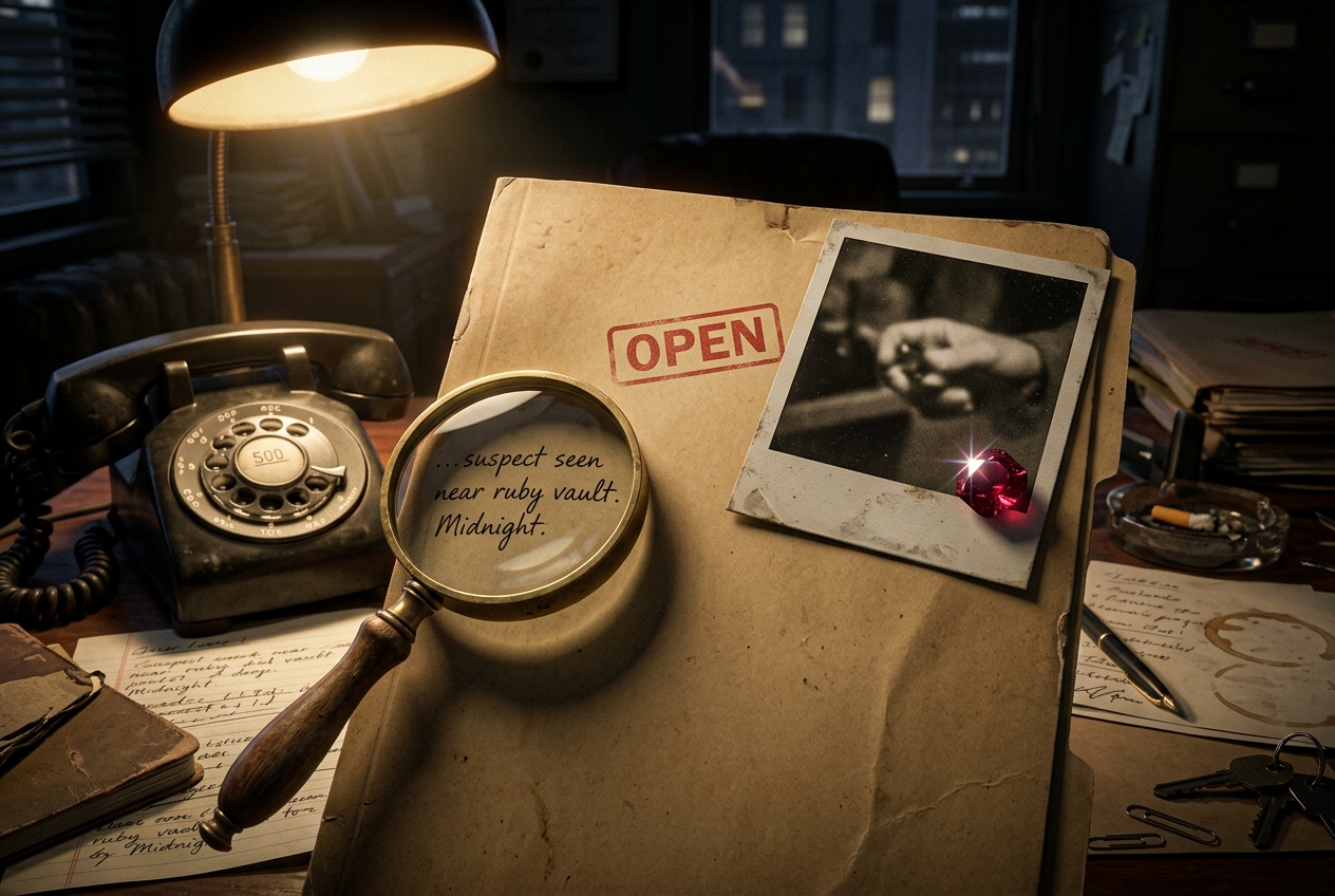 An open case file — something red glints in a polaroid