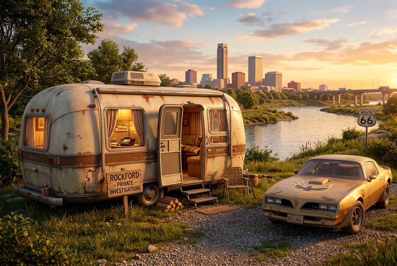 Rockford's trailer office on the Arkansas River, Tulsa